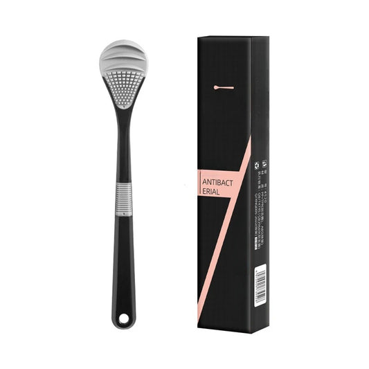 Black FreshMouth® tongue scraper with textured cleaning head